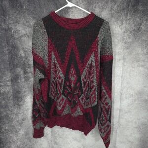 Vtg 80s Expressions Sweater Mens‎ Large  Red Black Jumper Tapestry Geometric
